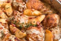 Cider-Braised Chicken with Crispy Bacon and Apples
