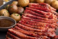 Golden Beer Braised Corned Beef Glazed with Whiskey Mustard