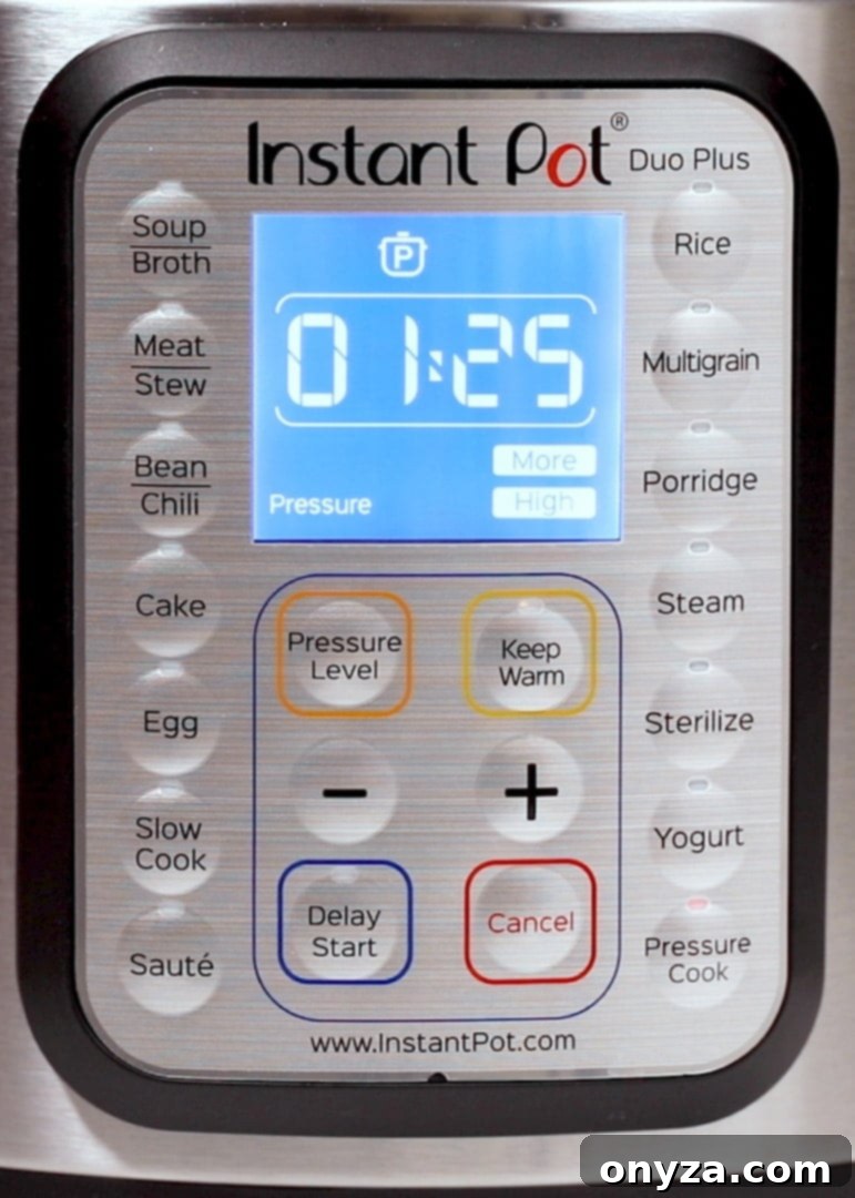 control panel on an Instant Pot showing 1 hour and 25 minutes of cooking time.