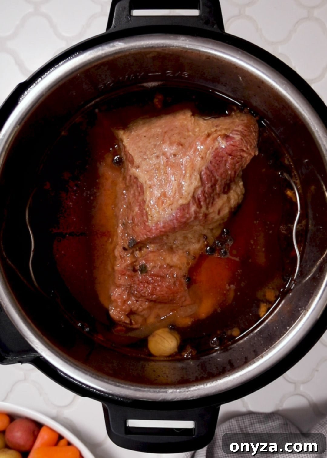 cooked corned beef brisket in an instant pot
