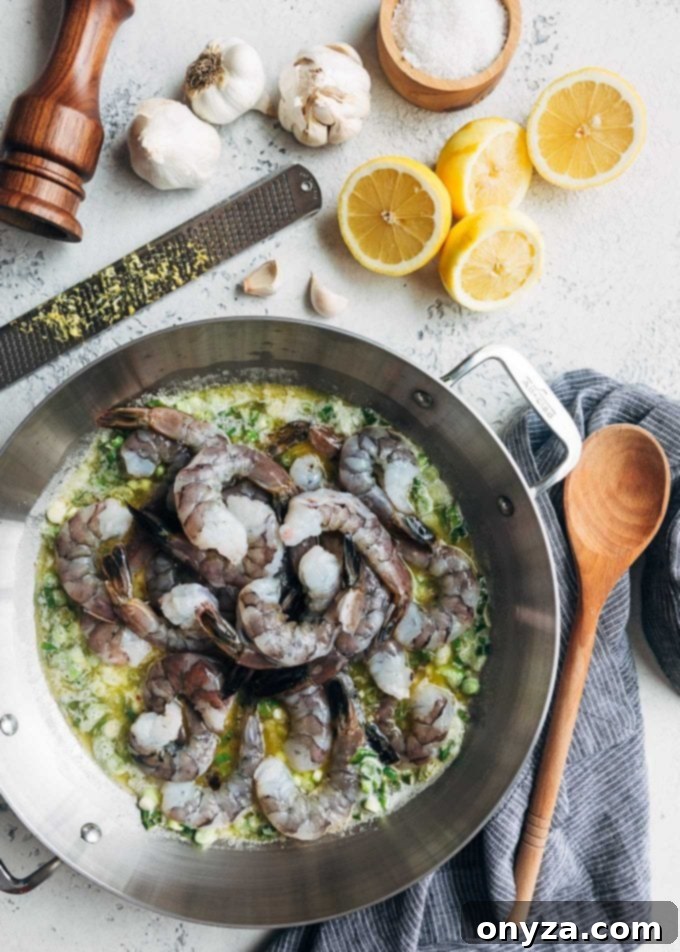 shrimp scampi in a pan to be broiled