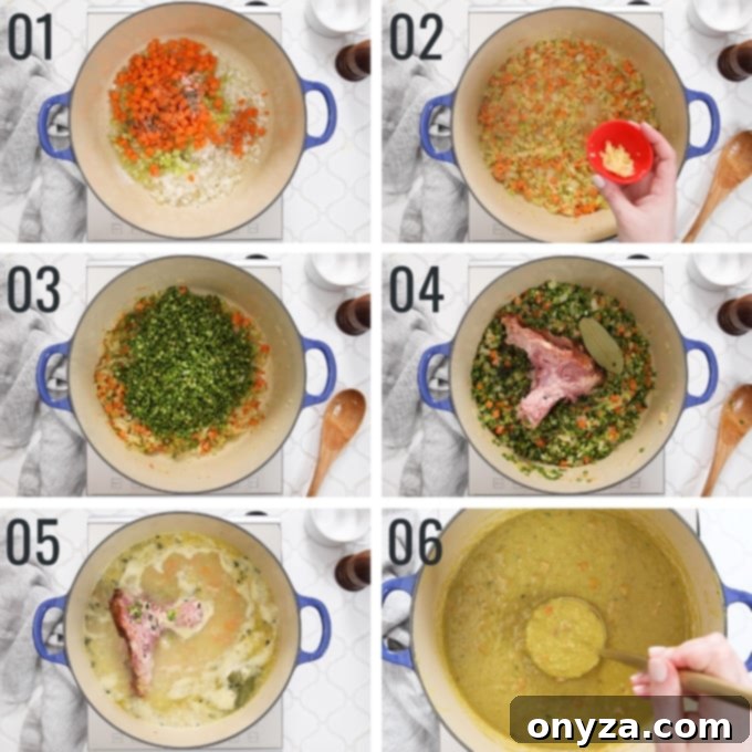 A collage of six overhead photos illustrating the sequential steps involved in preparing split pea soup with ham.
