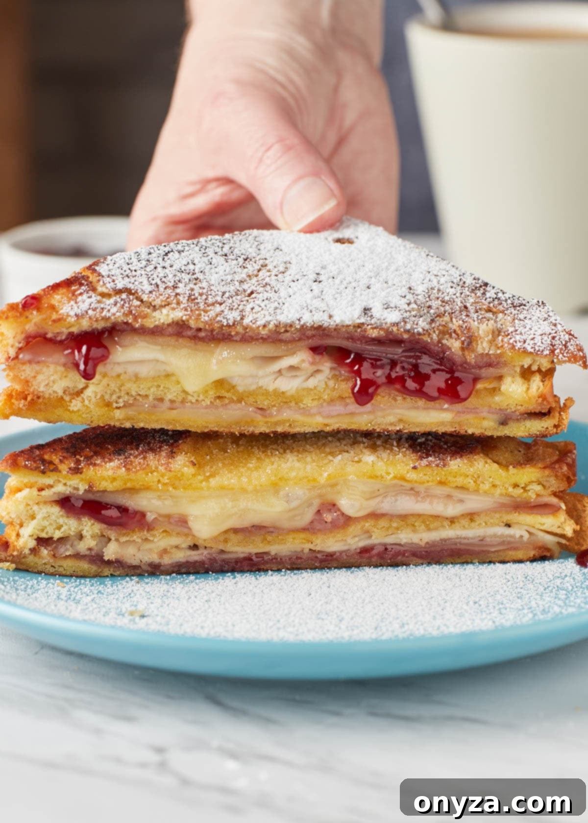 Sweet and Savory Golden Delight 2 Monte Cristo sandwich on a teal plate with powdered sugar and a side of red jelly
