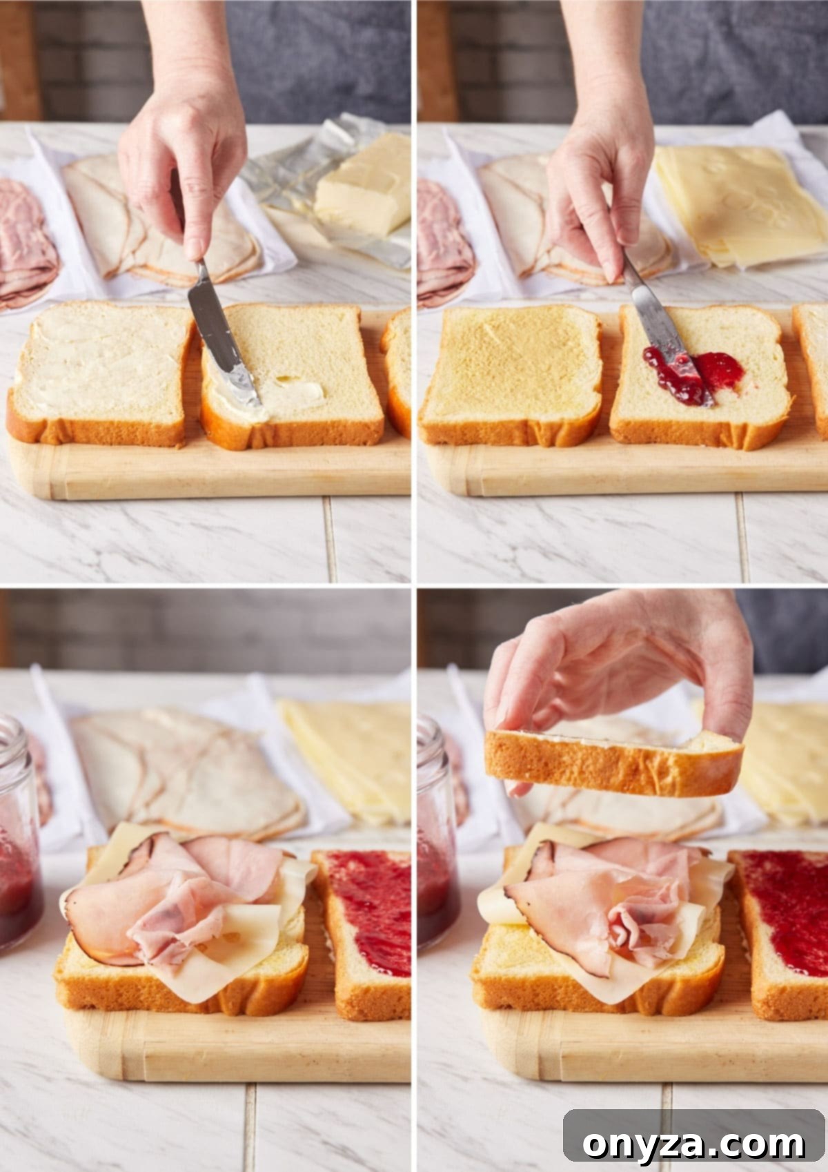 Sweet and Savory Golden Delight 5 Four photos illustrating the Monte Cristo sandwich assembly: spreading butter, spreading jelly, layering ham and cheese, and placing the middle bread slice on the triple-decker.