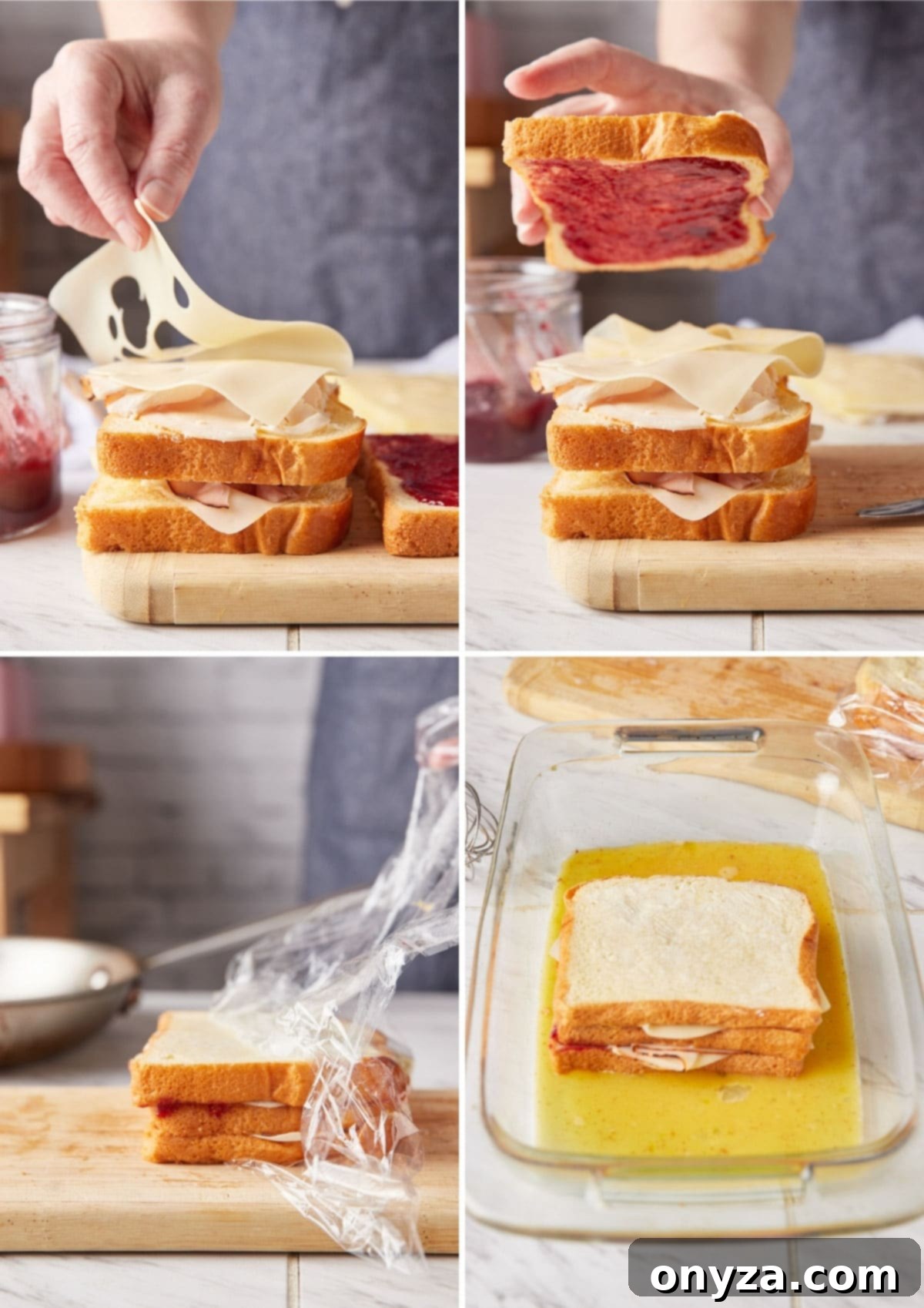 Sweet and Savory Golden Delight 6 Four photos showing Monte Cristo assembly: layering turkey and Swiss cheese, topping with jam-spread bread, unwrapping a pressed sandwich, and dipping into egg custard.