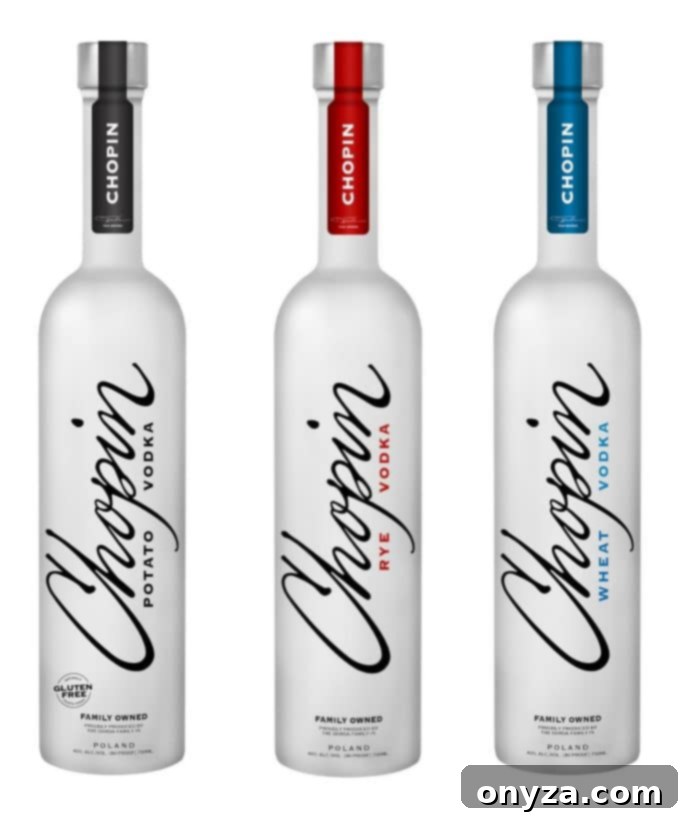 Bottles of Chopin Potato, Rye, and Wheat vodkas, showcasing the full premium vodka portfolio.