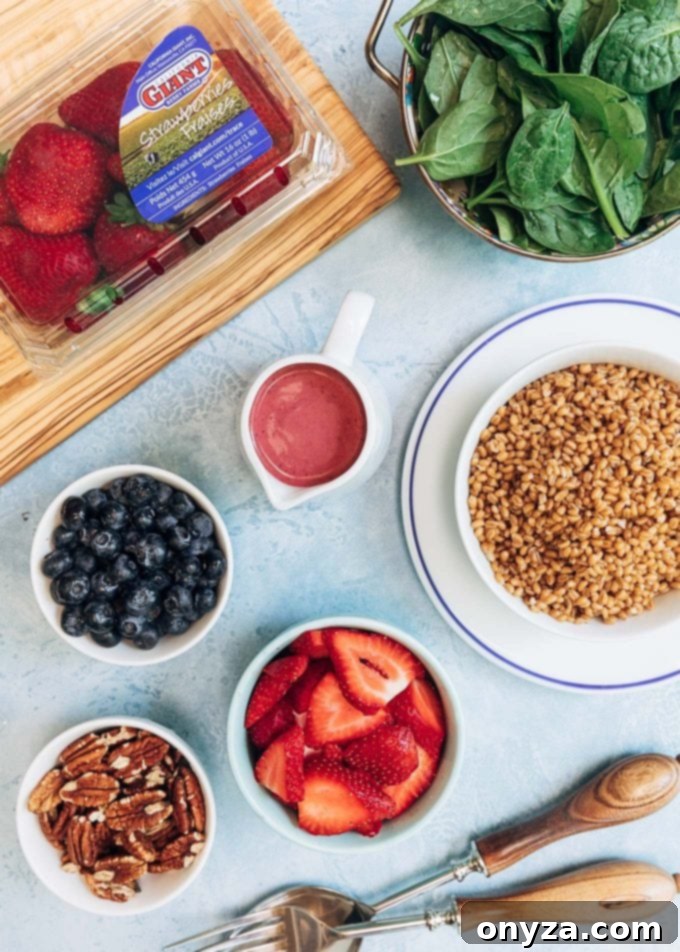 Ingredients for a healthy mixed berry wheat berry salad