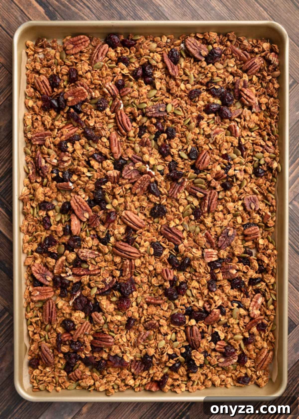 Overhead photo of baked and completely cooled Pumpkin Granola spread on a baking sheet, with dried cranberries mixed in, showcasing its ready-to-eat appeal.