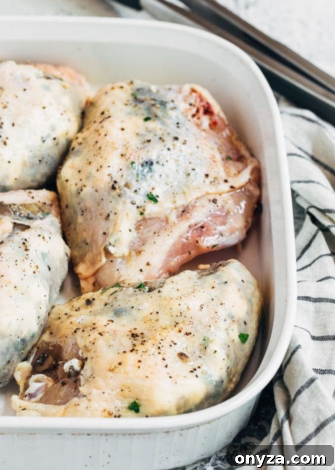 Uncooked stuffed chicken breasts prepared for baking in a roasting pan, ready for the oven