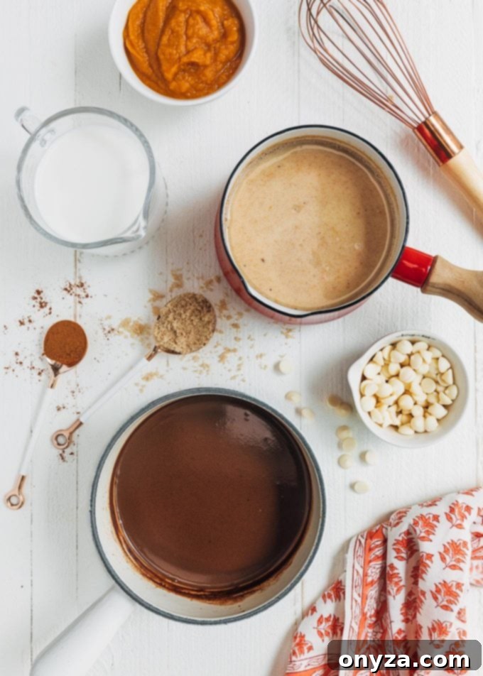 pots of white and dark chocolate with pumpkin spice