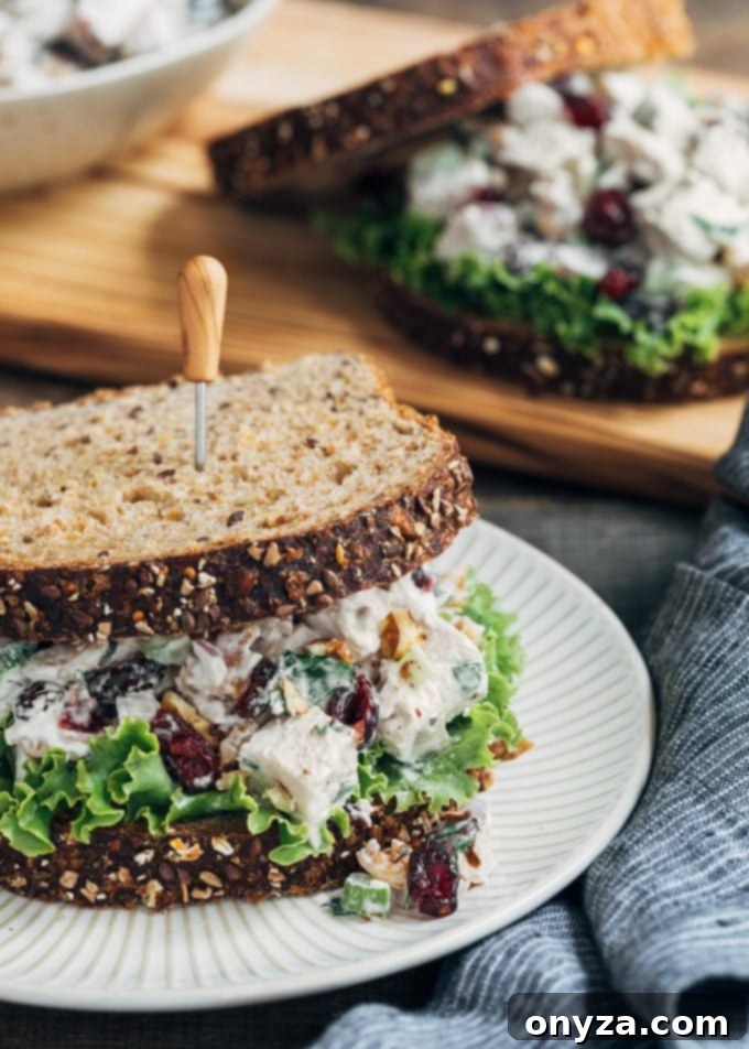 A delicious cranberry walnut chicken salad sandwich, perfectly arranged on sliced whole grain bread, ready for a fall lunch.