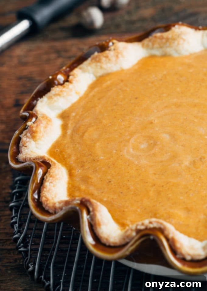 Velvet Pumpkin Custard Pie 3 uncooked pumpkin custard pie in a ruffled pie dish