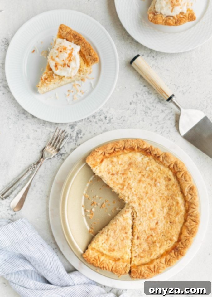 coconut custard pie sliced, served, and plated