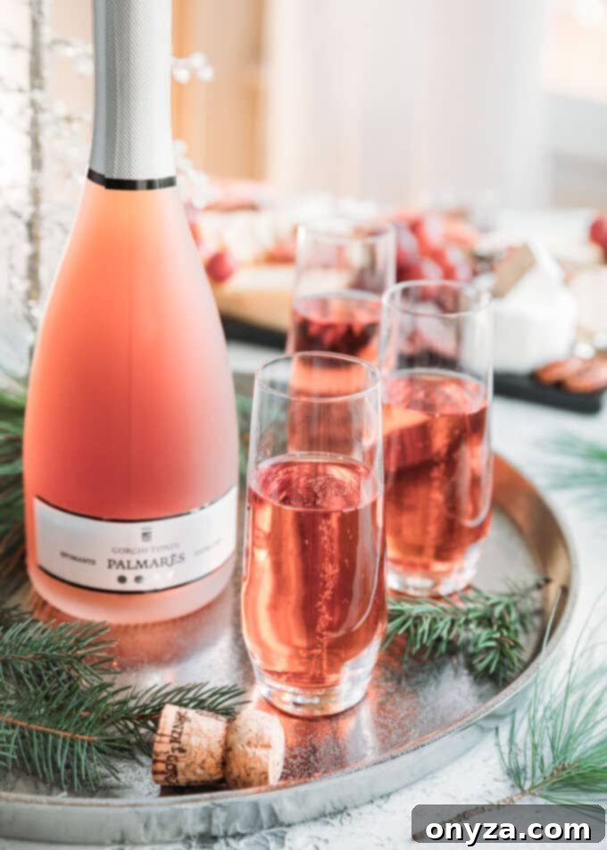 Bottle of Gorghi Tondi Nero D’Avola ‘Palmares’ sparkling rosé with three glasses poured on a silver platter, setting a festive holiday scene