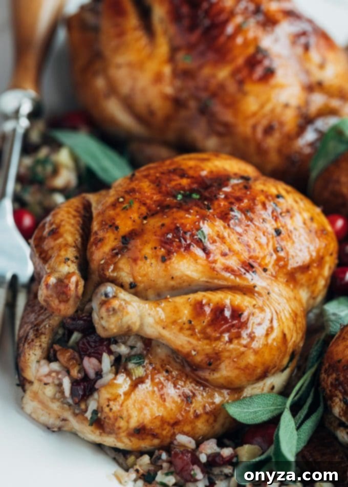 A beautifully glazed and roasted Cornish hen, plated with a portion of wild rice stuffing and a sprig of fresh herbs.