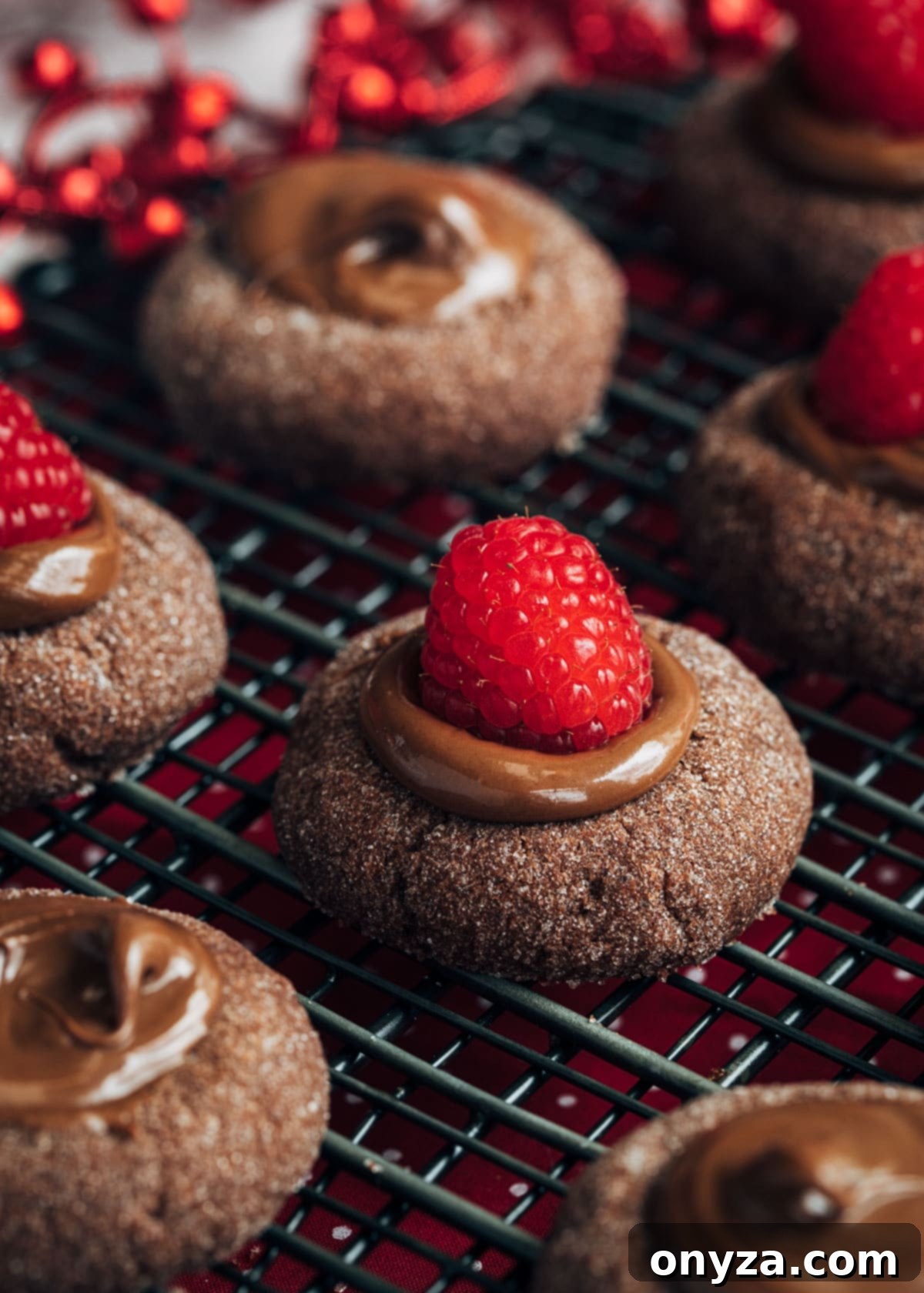 closeup of a chocolate hazelnut thumbprint cookie with a raspberry on top