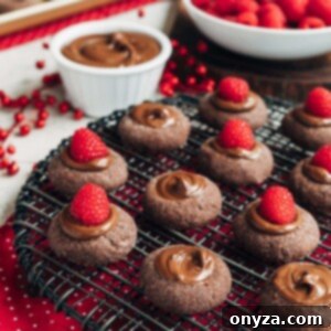 chocolate thumbprint cookies with raspberries and nutella on a cooling rack {sponsored}