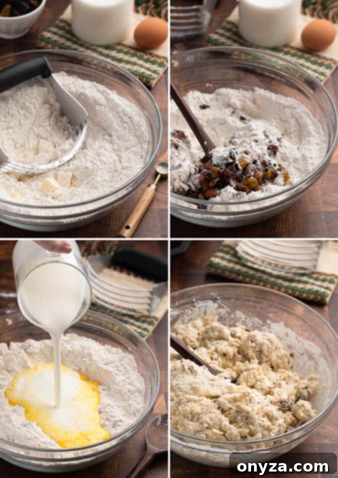 Classic Irish-American Soda Bread 4 collage of four photos showing the process of making Irish-American soda bread dough with raisins