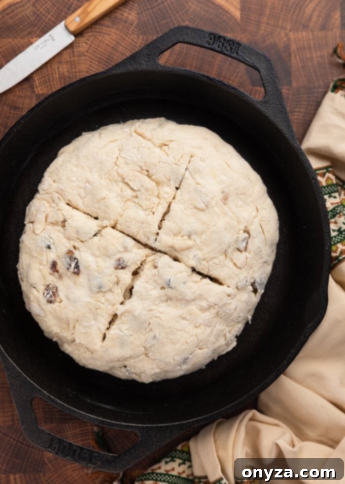Classic Irish-American Soda Bread 6 Unbaked Irish-American Soda bread in a cast iron skillet