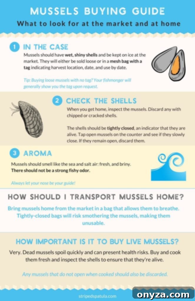 How to Buy Clean and Cook Fresh Mussels 2 How to buy mussels infographic, detailing freshness indicators and storage tips.