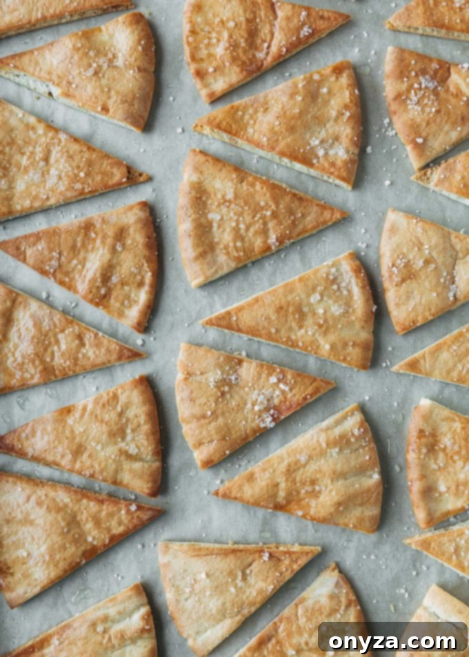 baked pita chips with a light sprinkle of sea salt, perfectly golden brown on a baking sheet