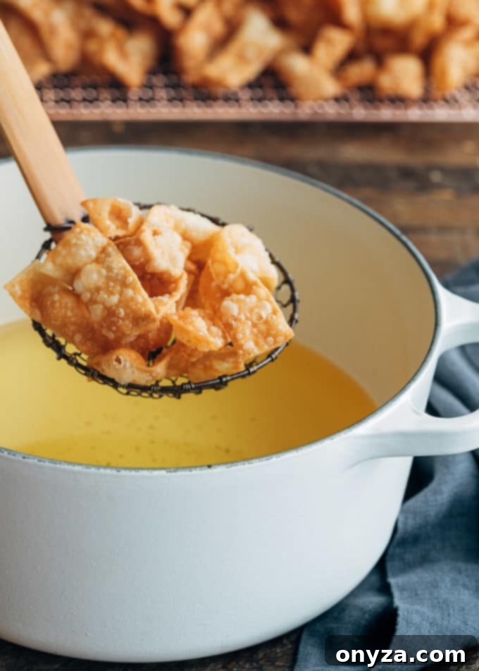 Crispy Fried Wonton Strips 6 removing fried wonton strips from oil with a spider tool