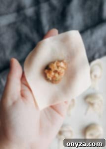 wonton wrapper with a scoop of pork and shrimp filling