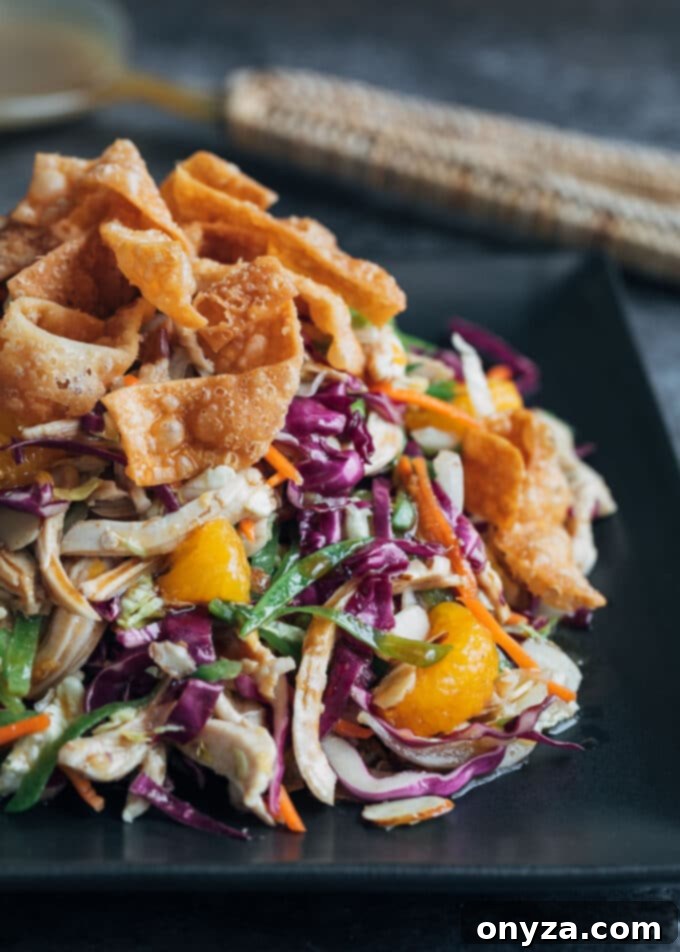 mandarin orange chicken salad with crispy wonton strips on a black plate