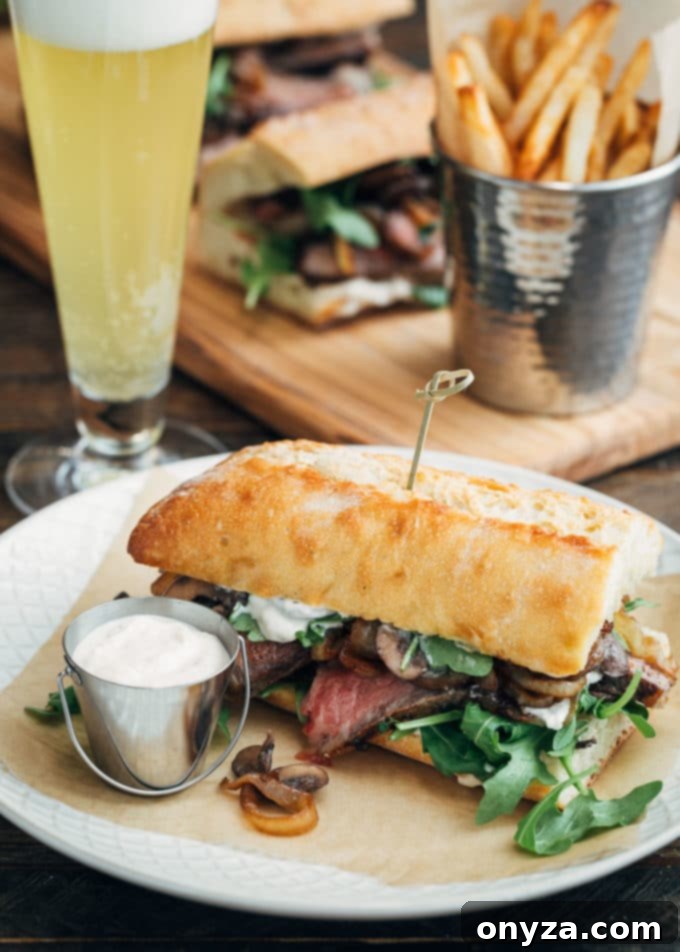 Unrivaled Steak Sandwich 5 Complete steak sandwich served with horseradish mayo, crispy shoestring fries, and a glass of Belgian-style wheat beer