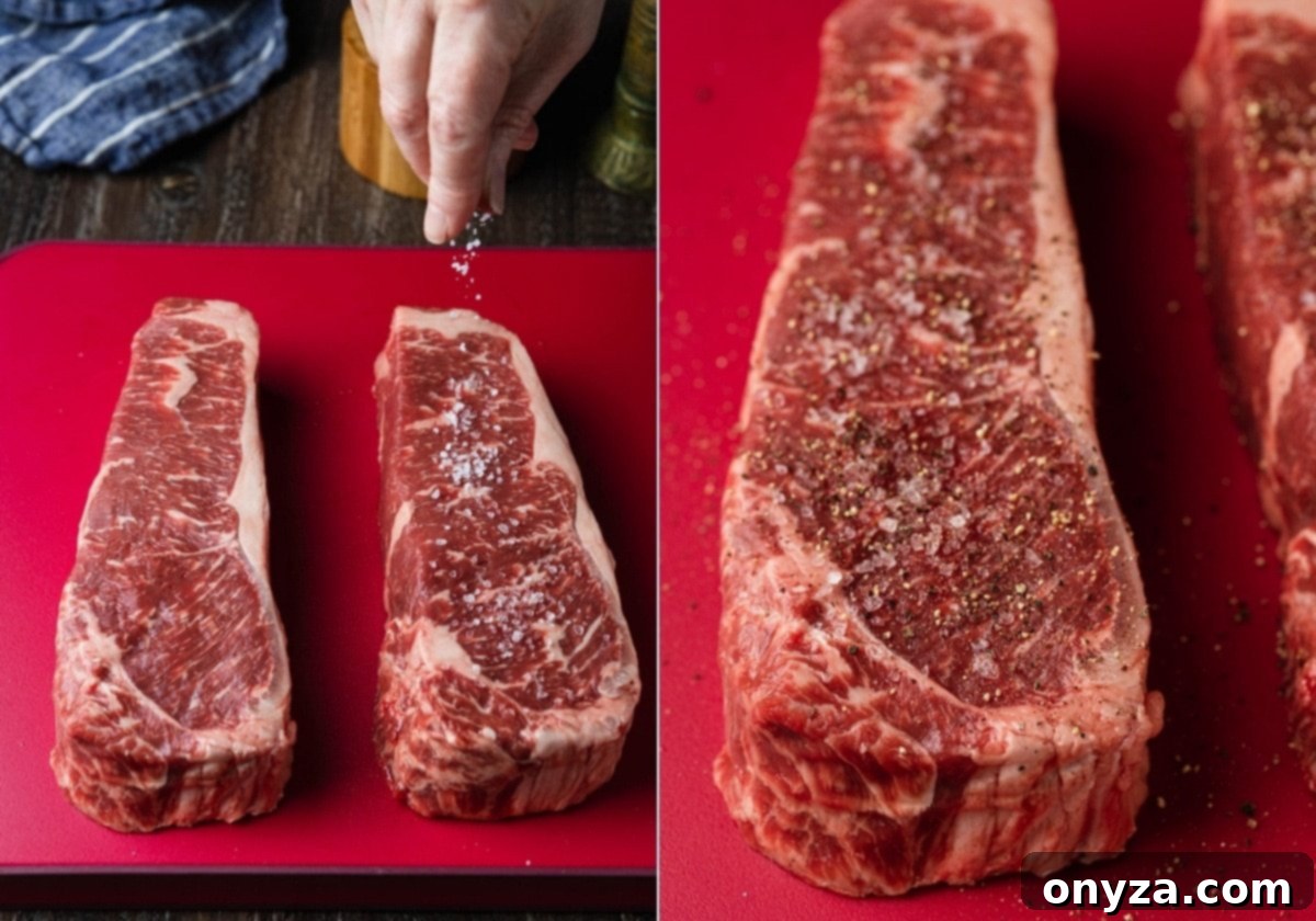 Balsamic Shallot Steak with Blue Cheese Crust 4 two images showing seasoning NY strip steaks with salt and pepper