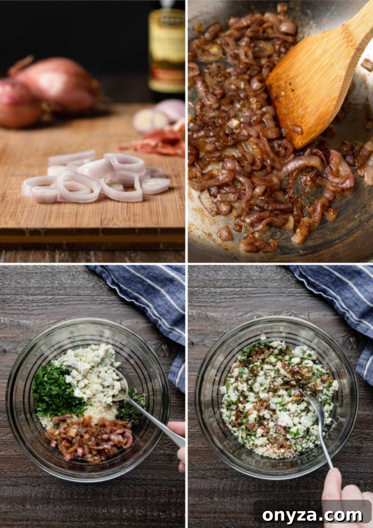 Balsamic Shallot Steak with Blue Cheese Crust 7 four photos showing the process of making a blue cheese crust with panko and caramelized shallots