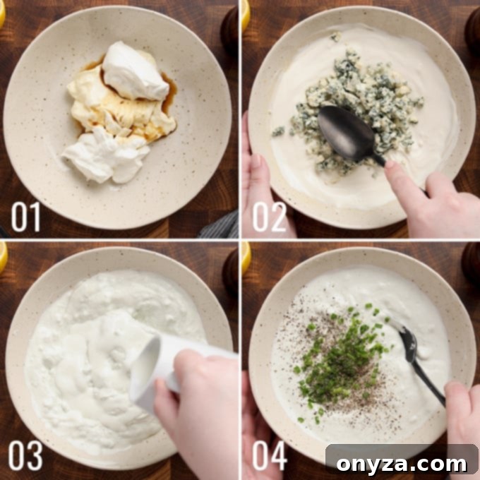 Creamy Buttermilk Blue Cheese Dressing 4 A four-panel photo collage showcasing the step-by-step process of making blue cheese dressing in a single bowl.