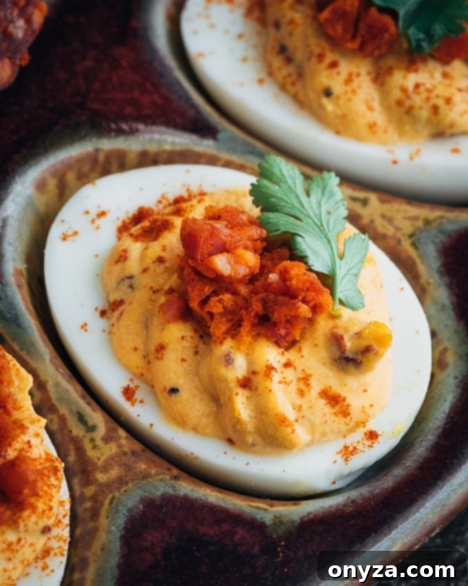 closeup of chipotle deviled eggs with minced chorizo and cilantro