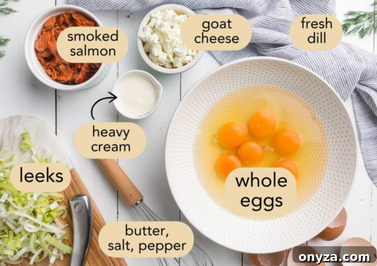 overhead photo of ingredients for smoked salmon frittata in bowls on a white wood board with text label overlays