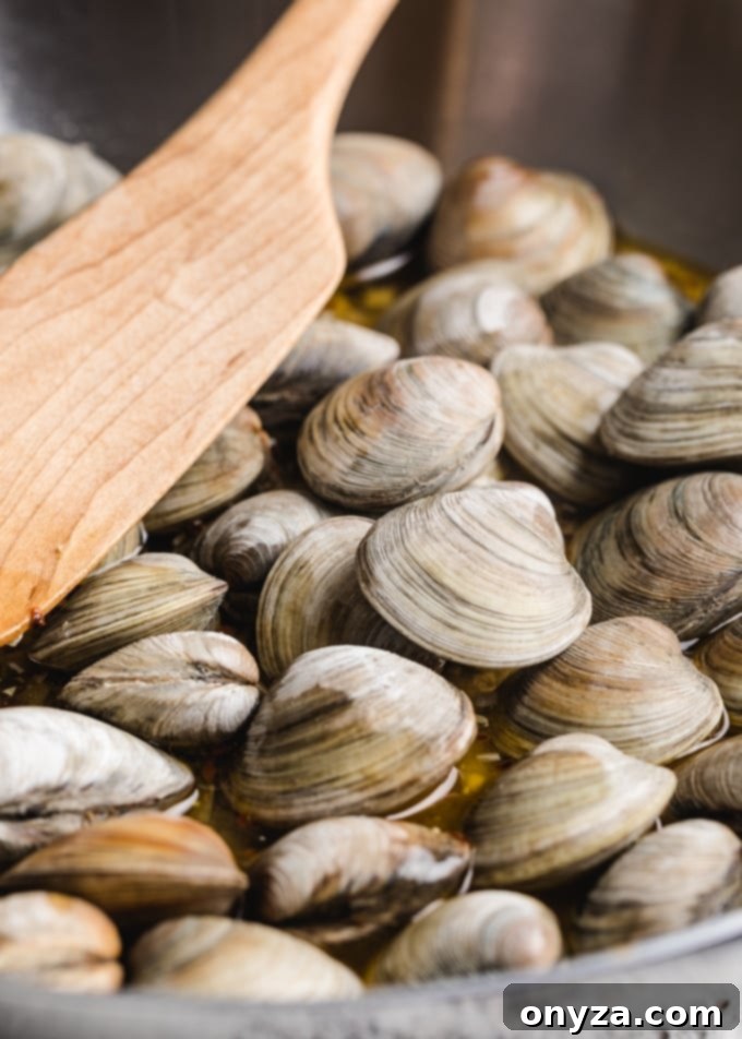Fresh littleneck clams steaming in a stainless steel pan with a wooden spoon resting inside.