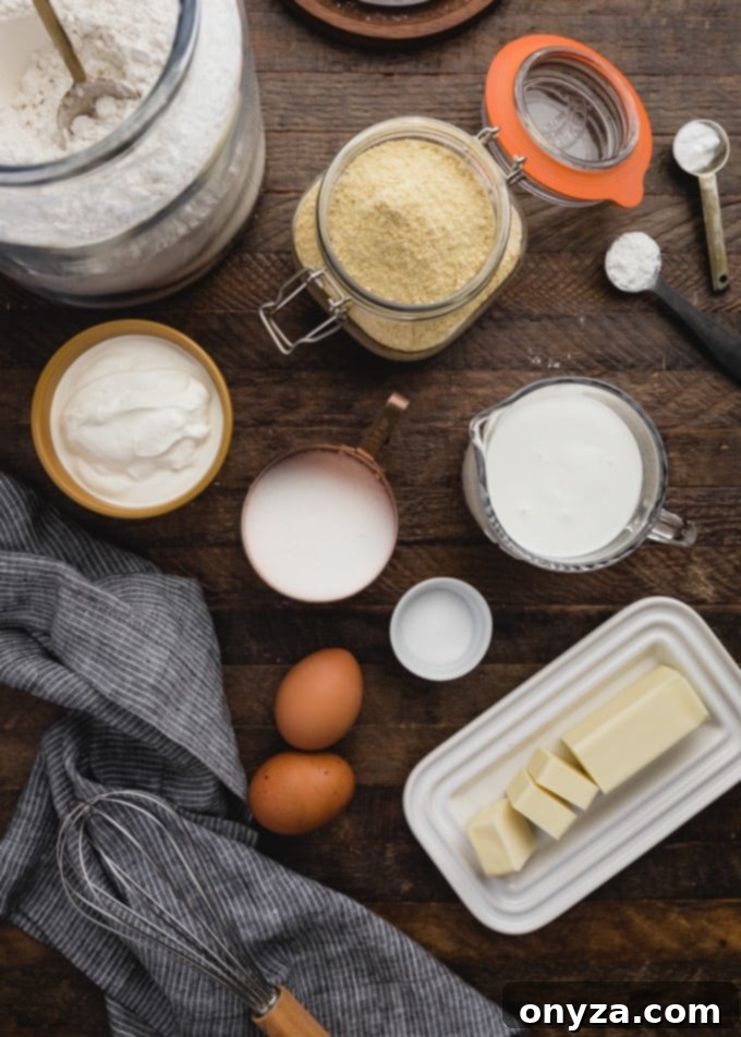 Ingredients for making homemade buttermilk cornbread, neatly measured and arranged on a rustic wooden board.