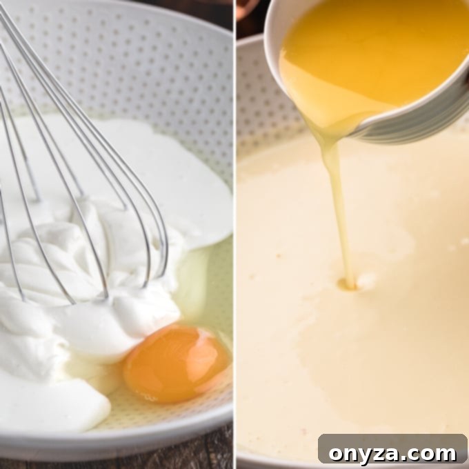 A collage of wet ingredients for cornbread. On the left, a bowl with sour cream, buttermilk, and eggs. On the right, melted butter being poured into the mixing bowl, creating a rich batter.