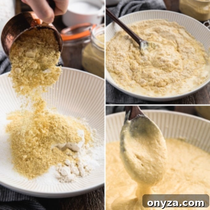 A visual collage illustrating the simple process of mixing buttermilk cornbread batter, showing the progression from dry to wet ingredients.