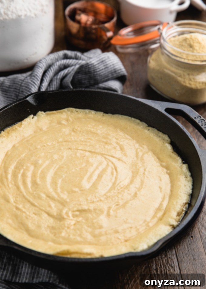 Unbaked buttermilk cornbread batter, smooth and ready for the oven, nestled in a round Lodge cast iron skillet.