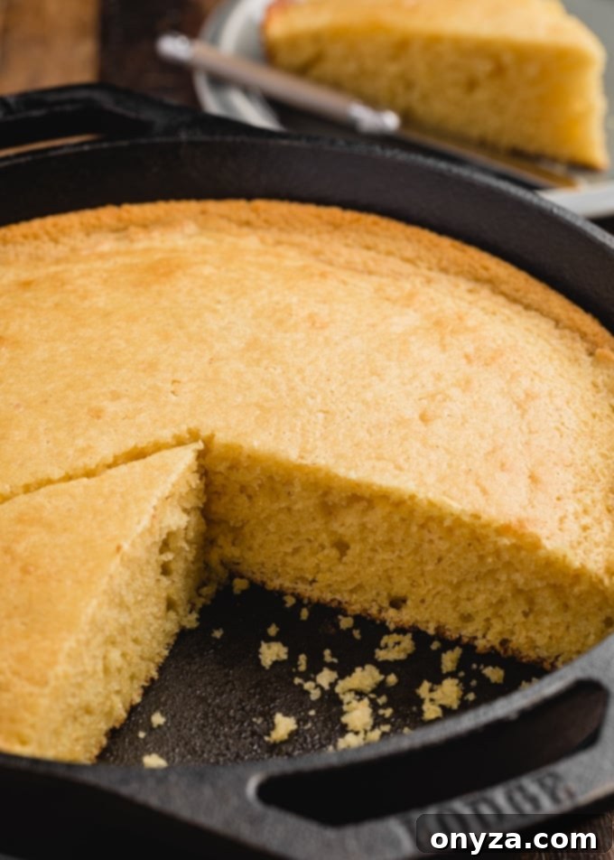 A tantalizing side view of a perfectly baked, slightly sweet cornbread, still warm and inviting in its cast iron skillet.
