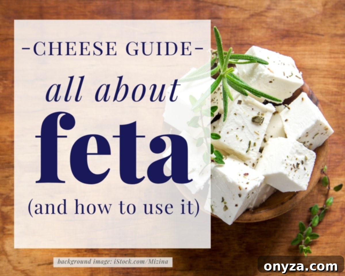 closeup of a bowl of cubed feta cheese with a text overlay that reads "cheese guide - all about feta (and how to use it)"