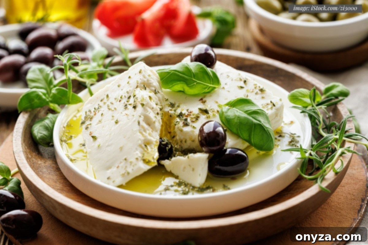 feta blocks in a ceramic dish with herbs, olive oil, and  whole black olives