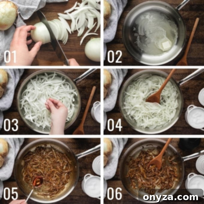 Mükemmel Karamelize Soğan Yapımı 4 A visual step-by-step sequence demonstrating the process of preparing and caramelizing onions, from slicing to the final golden-brown result.