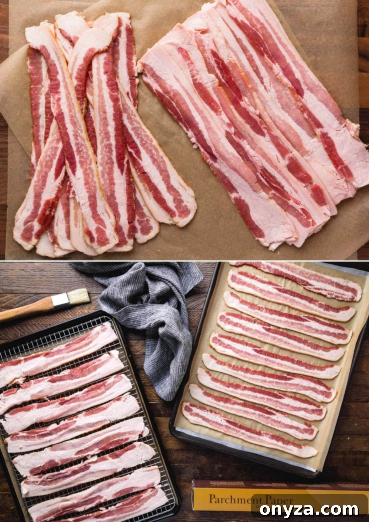 A two-panel collage demonstrating the process of cooking bacon in the oven, showing strips neatly arranged on parchment paper on baking sheets.