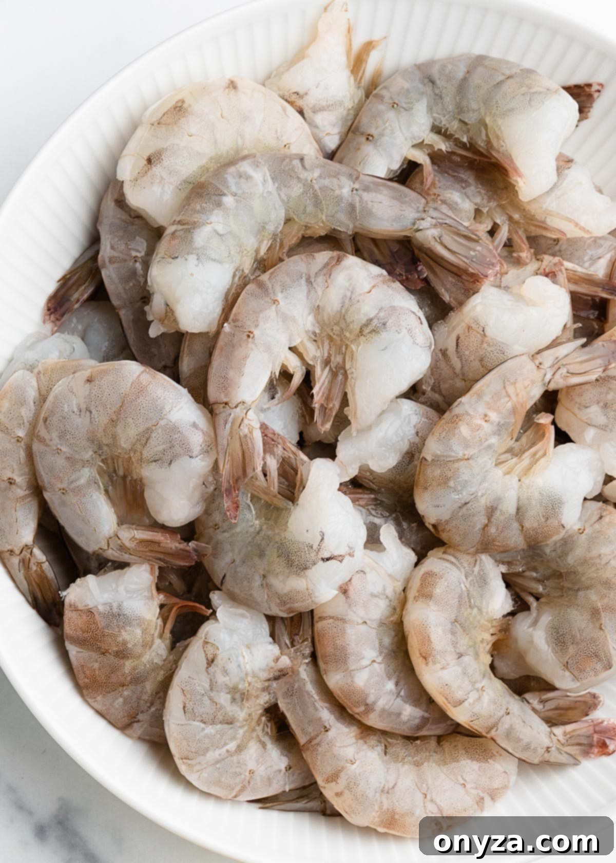 overhead of 21/25 raw shrimp shell on in a white bowl