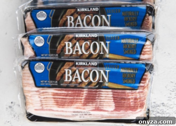 My Top 10 Costco Grocery Staples 8 Four packages of Kirkland Signature hickory smoked bacon, a great bulk buy at Costco
