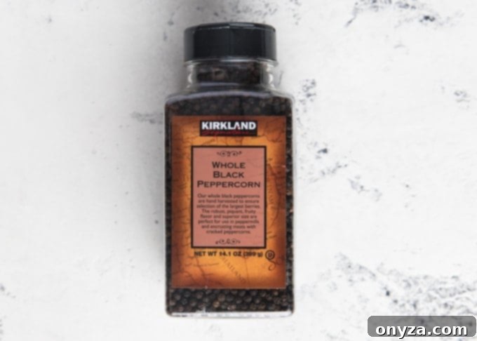 My Top 10 Costco Grocery Staples 4 Jar of Kirkland Signature whole black peppercorns for fresh grinding