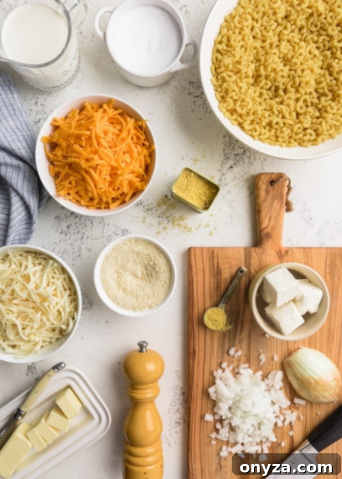Instant Pot Mac and Cheese Four Irresistible Styles 3 overhead of ingredients for making classic macaroni and cheese in a pressure cooker