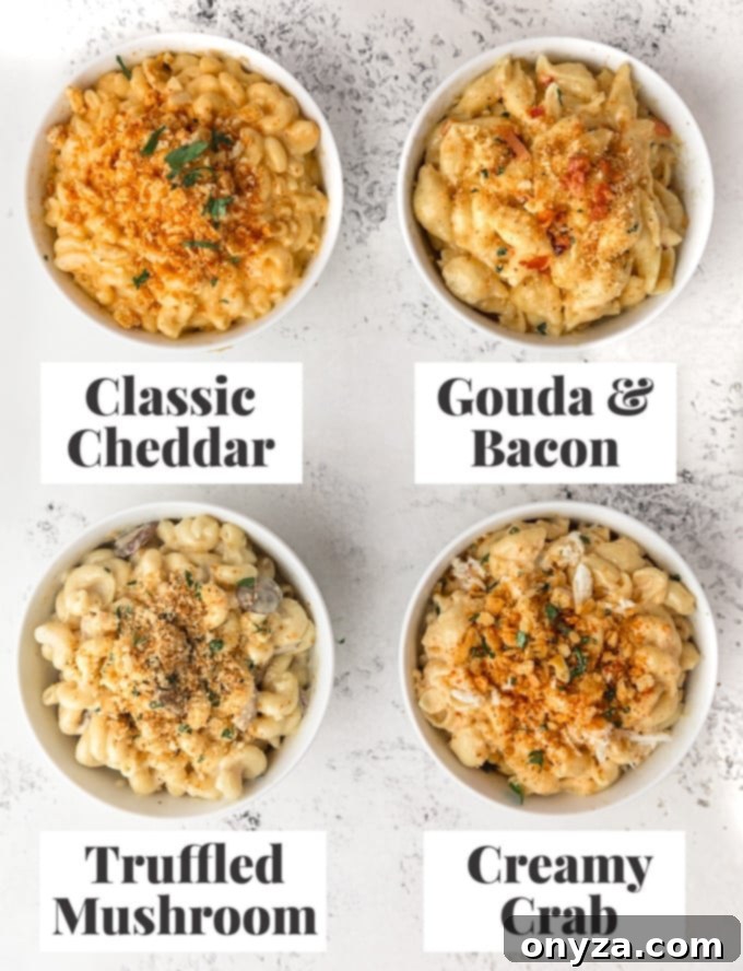 Instant Pot Mac and Cheese Four Irresistible Styles 9 four bowls of instant pot macaroni and cheese with sauce variations