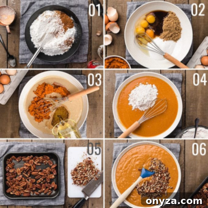 A collage of overhead photos showcasing the step-by-step process of preparing the pumpkin bundt cake batter, from mixing dry ingredients to combining wet and folding them together.